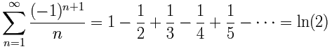 (-1)^(n+1) /n = 1 - 1/2 + 1/3 - 1/4 + ... = ln(2) 从 n=1 到 无穷大的和