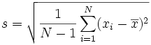 [(1/(N-1)) 乘 (xi - xbar)^2 从 i=1 到 N 的总和] 的平方根
