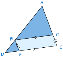 相似三角形 ABC 和 ADE: BF 和 EC 同样