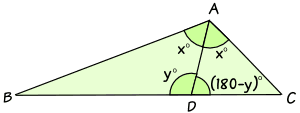 相似三角形角x 和 x 在 A 及 角y 和 180-y 在 D